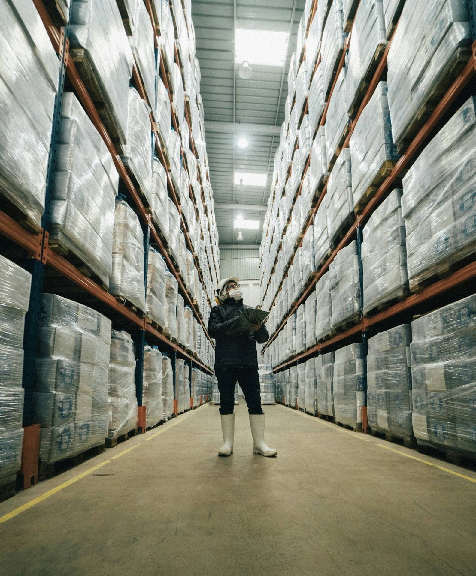 Operario controlando inventario en un depósito